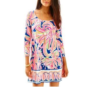 Lilly Pulitzer Emma Dress Banana Flambé ¾ Sleeve Pink & Blue Tropical | M Beachy